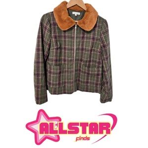 Green and pink tartan jacket with faux fur collar